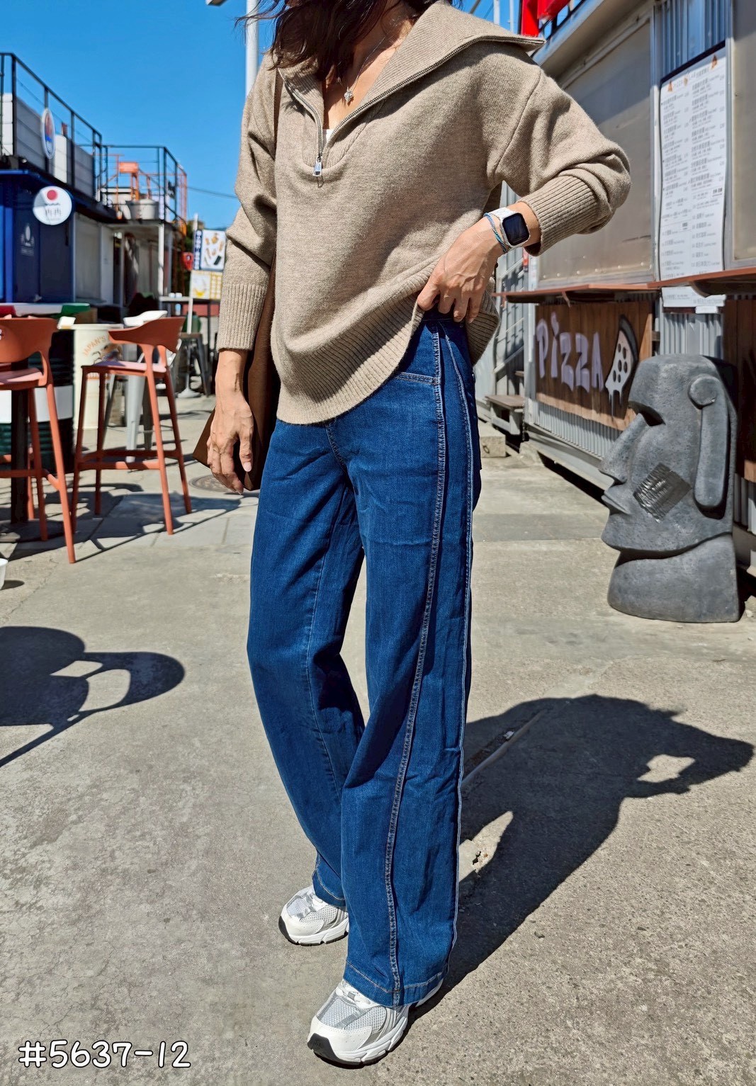 藍立體壓線寬直筒褲