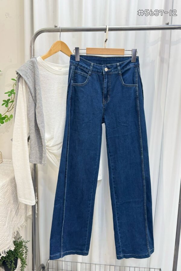 藍立體壓線寬直筒褲