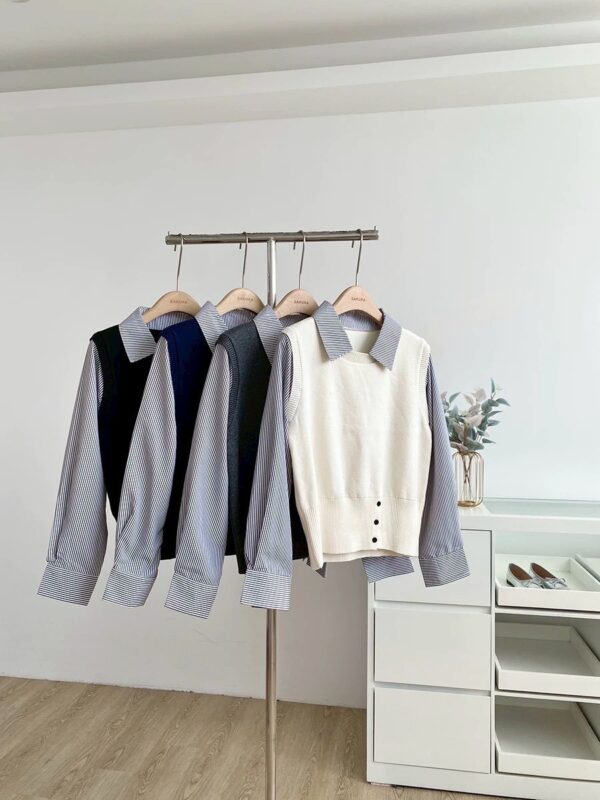 韓系學院假兩件拼接針織衫