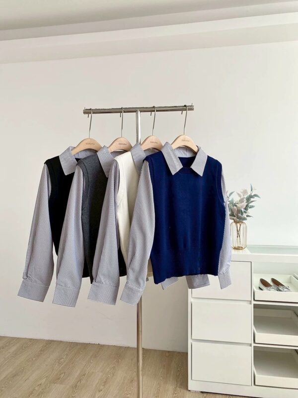 韓系學院假兩件拼接針織衫