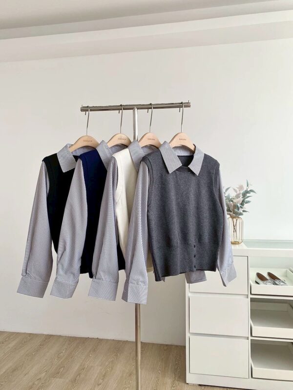 韓系學院假兩件拼接針織衫