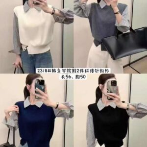 韓系學院假兩件拼接針織衫