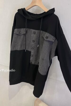拼接牛仔連帽上衣