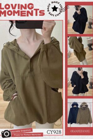 排扣雙口袋抽繩連帽Tee