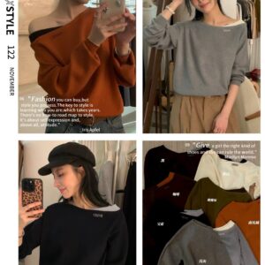 露肩撞色針織上衣