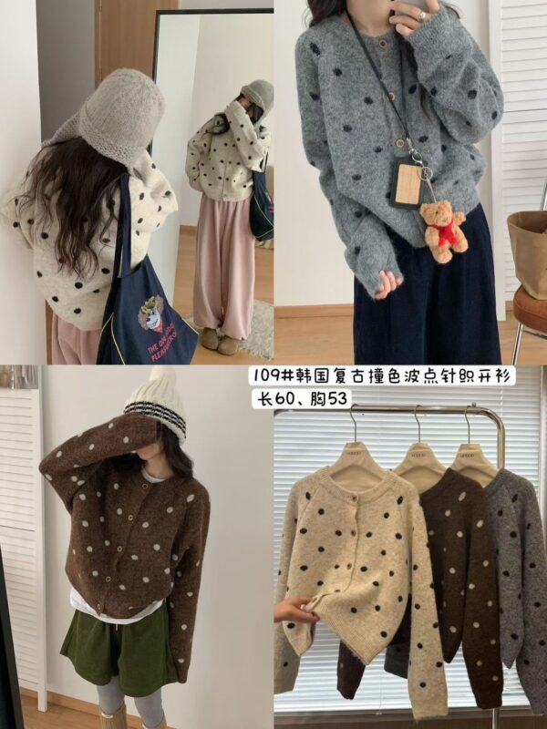 韓國復古撞色波點開釦針織