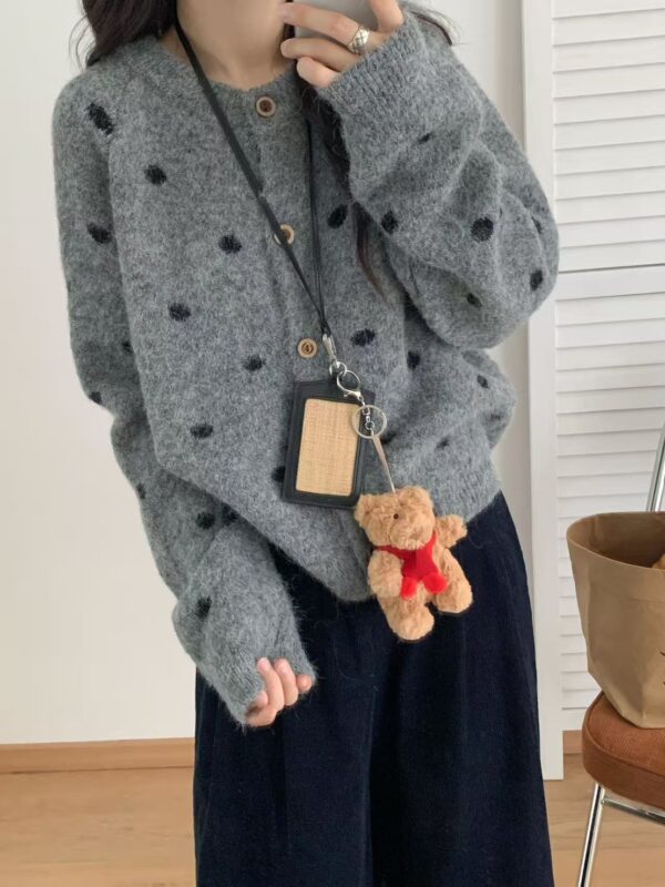 韓國復古撞色波點開釦針織