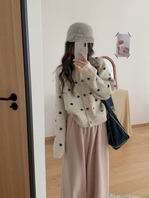 韓國復古撞色波點開釦針織