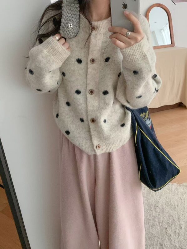 韓國復古撞色波點開釦針織